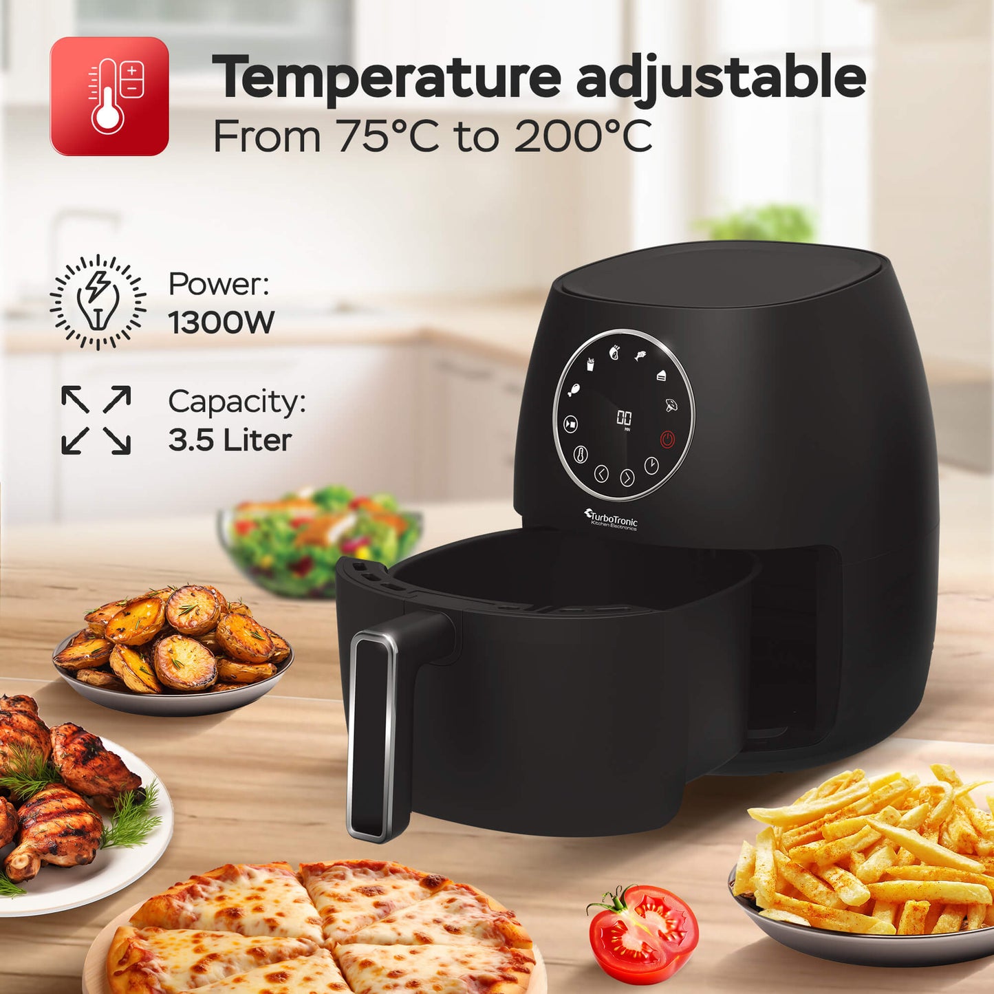 Дигитален Airfryer Turbotronic TT-AF210, 3,5L, LED дисплей, 6 предварителни програми, 1300W
