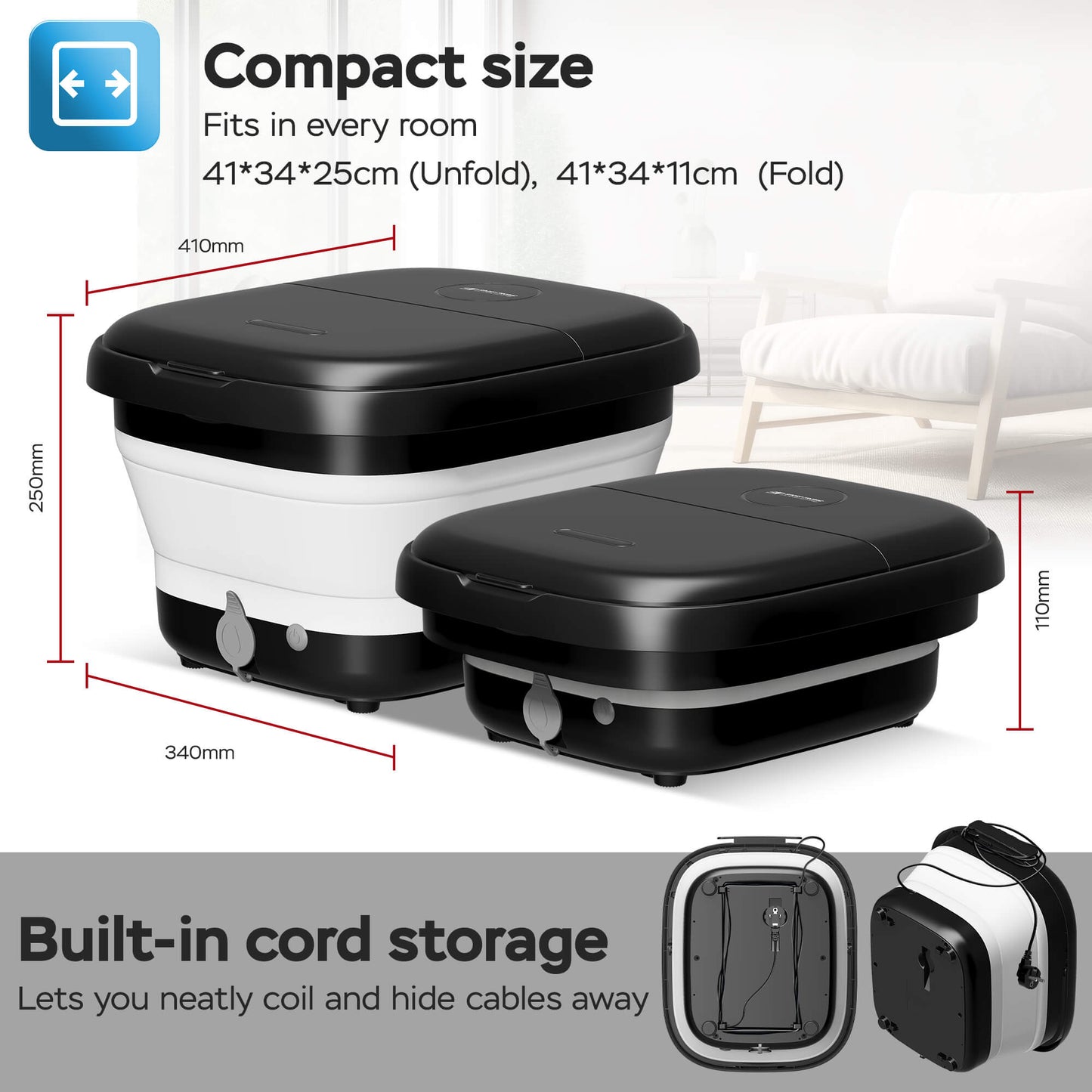 Вана за крака с масажор Turbotronic, ST-FBM10, 10L, Сгъваема, 3 температурни режима, 500W