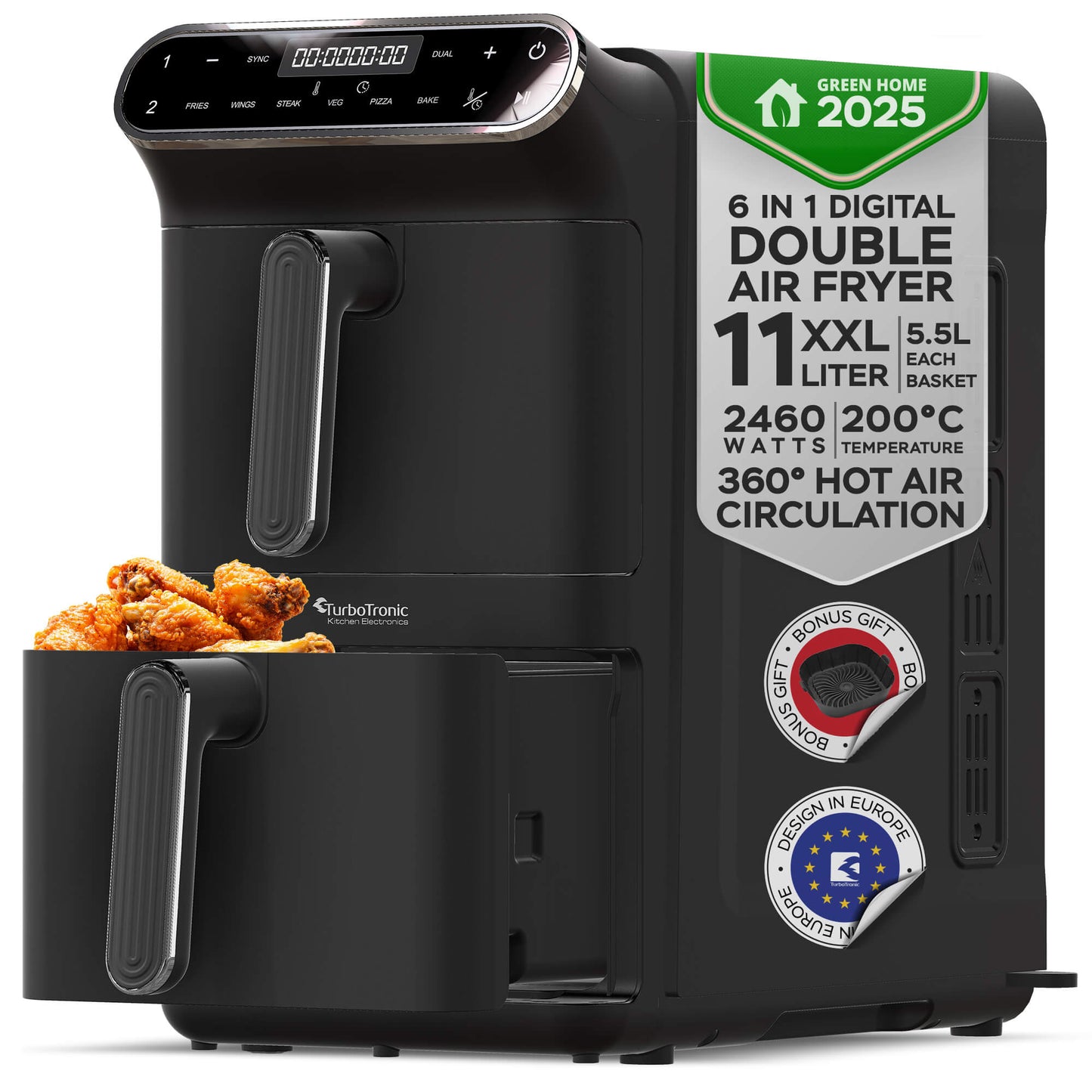 Колонен AirFryer TurboTronic TT-AF500D, 2460W, 11L (2×5.5L), 6 функции, 200°C, тъч дисплей