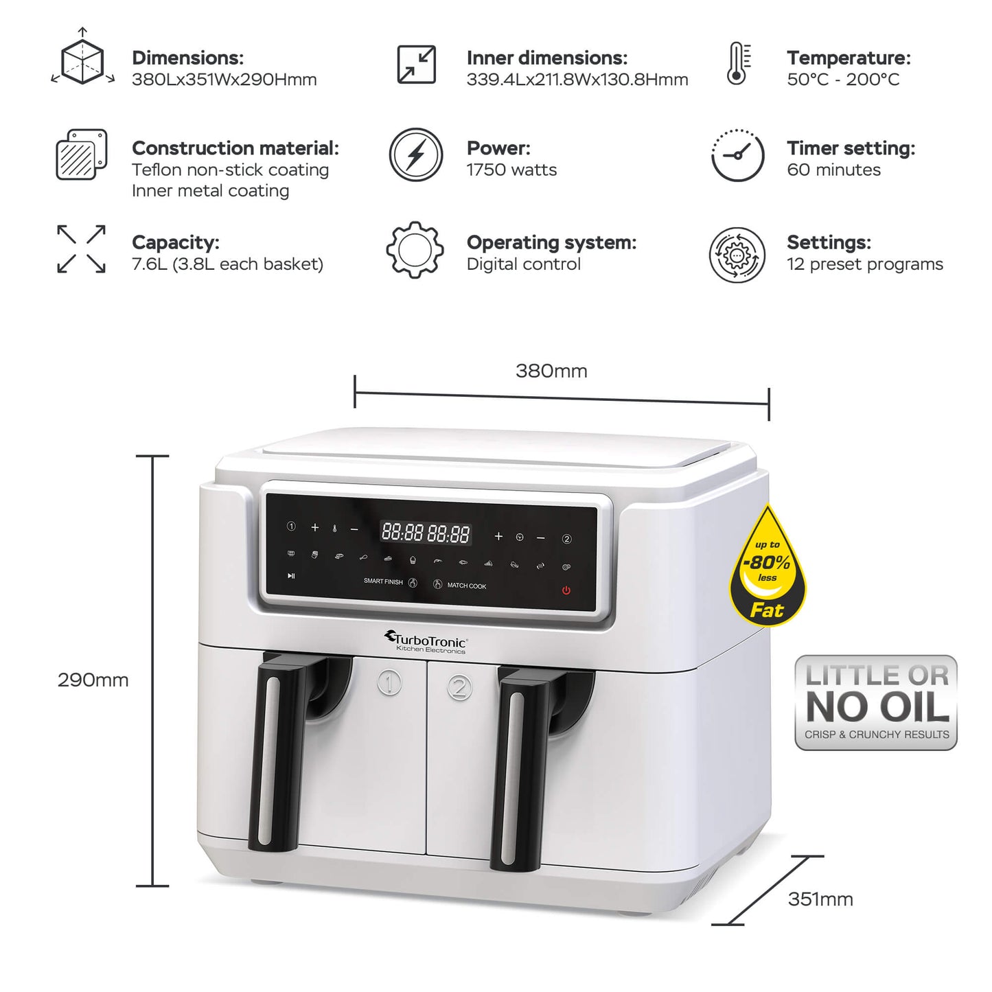 AirFryer TurboTronic TT-AF118, 7.6L, 1750W, 12 програми