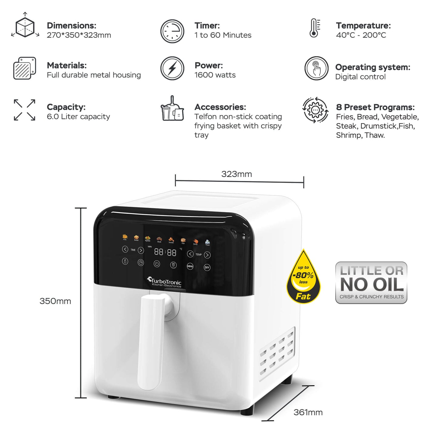 AirFryer Дигитален Turbotronic Airchef Pro TT-AF190, 6.0L, 8зададени програми, дигитален дисплей, 1600W