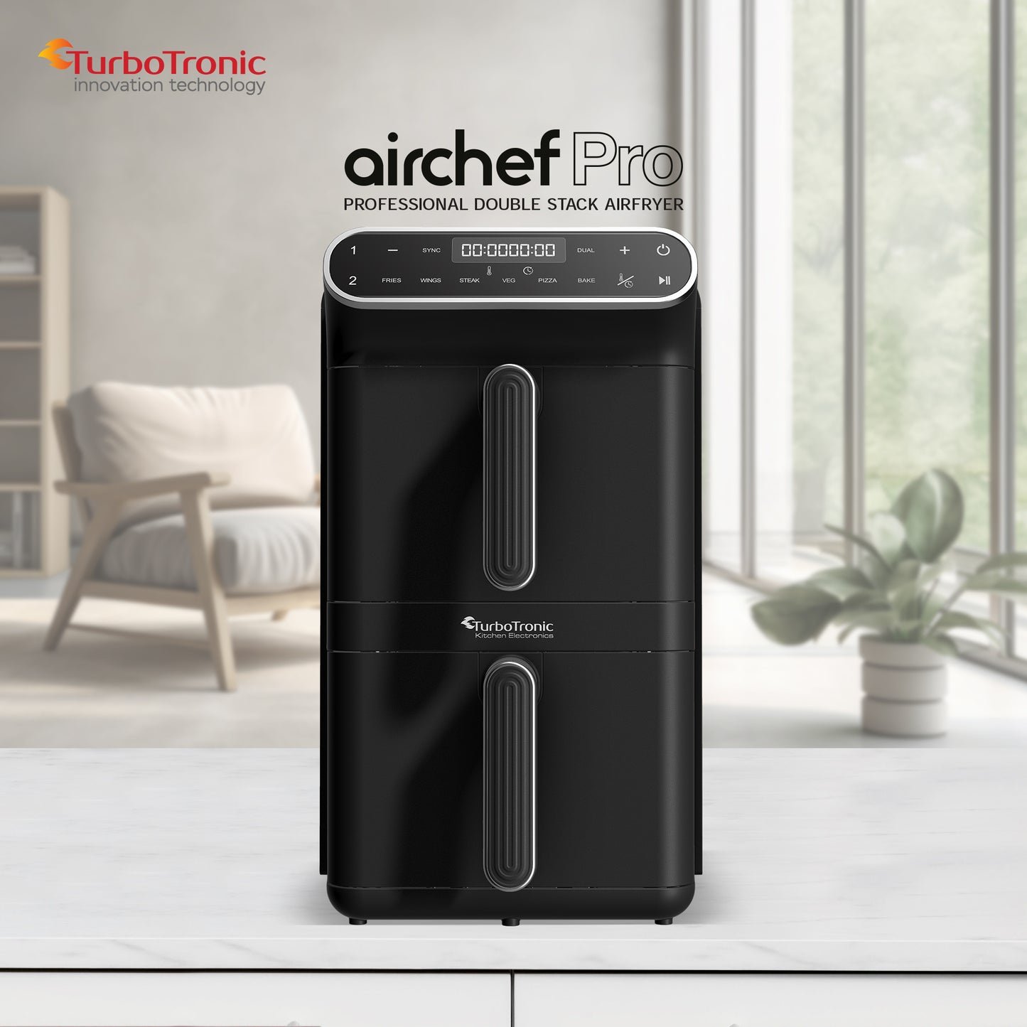 Колонен AirFryer TurboTronic TT-AF500D, 2460W, 11L (2×5.5L), 6 функции, 200°C, тъч дисплей