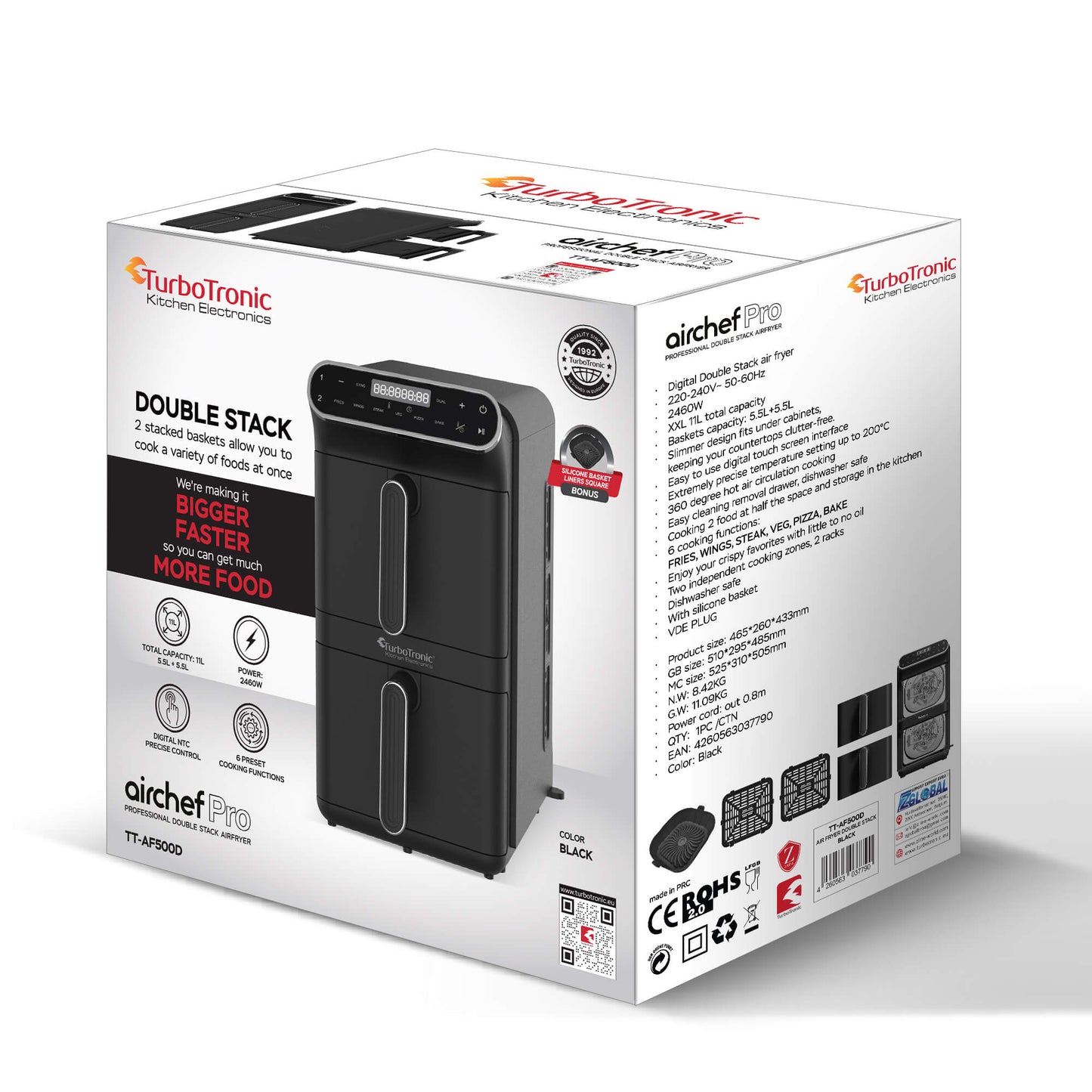 Колонен AirFryer TurboTronic TT-AF500D, 2460W, 11L (2×5.5L), 6 функции, 200°C, тъч дисплей