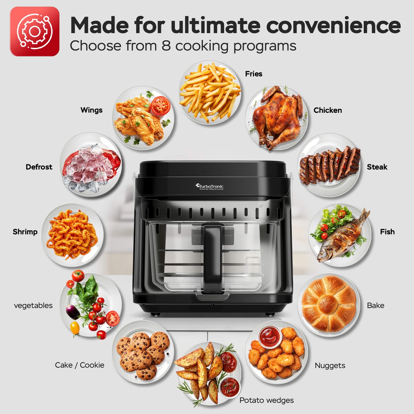 Фритюрник с горещ въздух TurboTronic TT-AFG5, 5.5L, 1200W, стъклена кошница, дигитален контрол, 8 програми