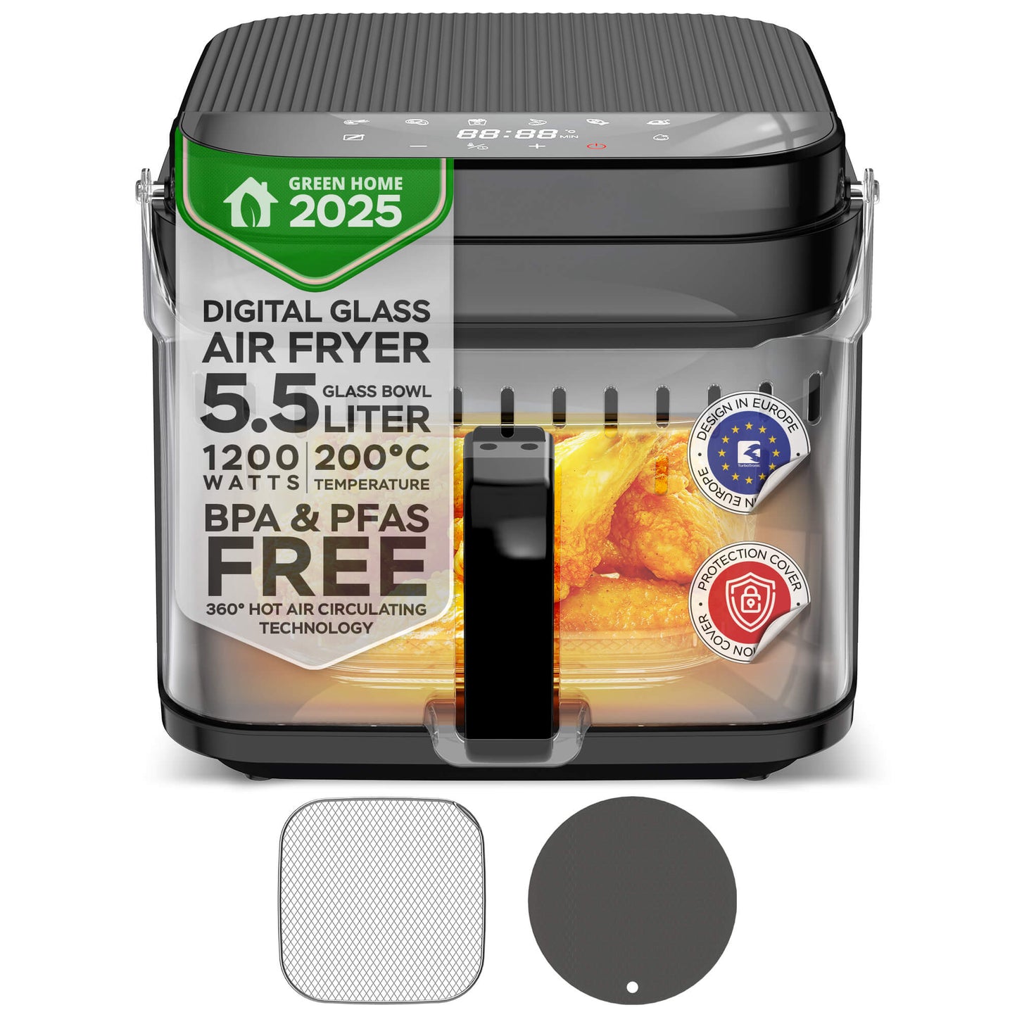 Фритюрник с горещ въздух TurboTronic TT-AFG5, 5.5L, 1200W, стъклена кошница, дигитален контрол, 8 програми