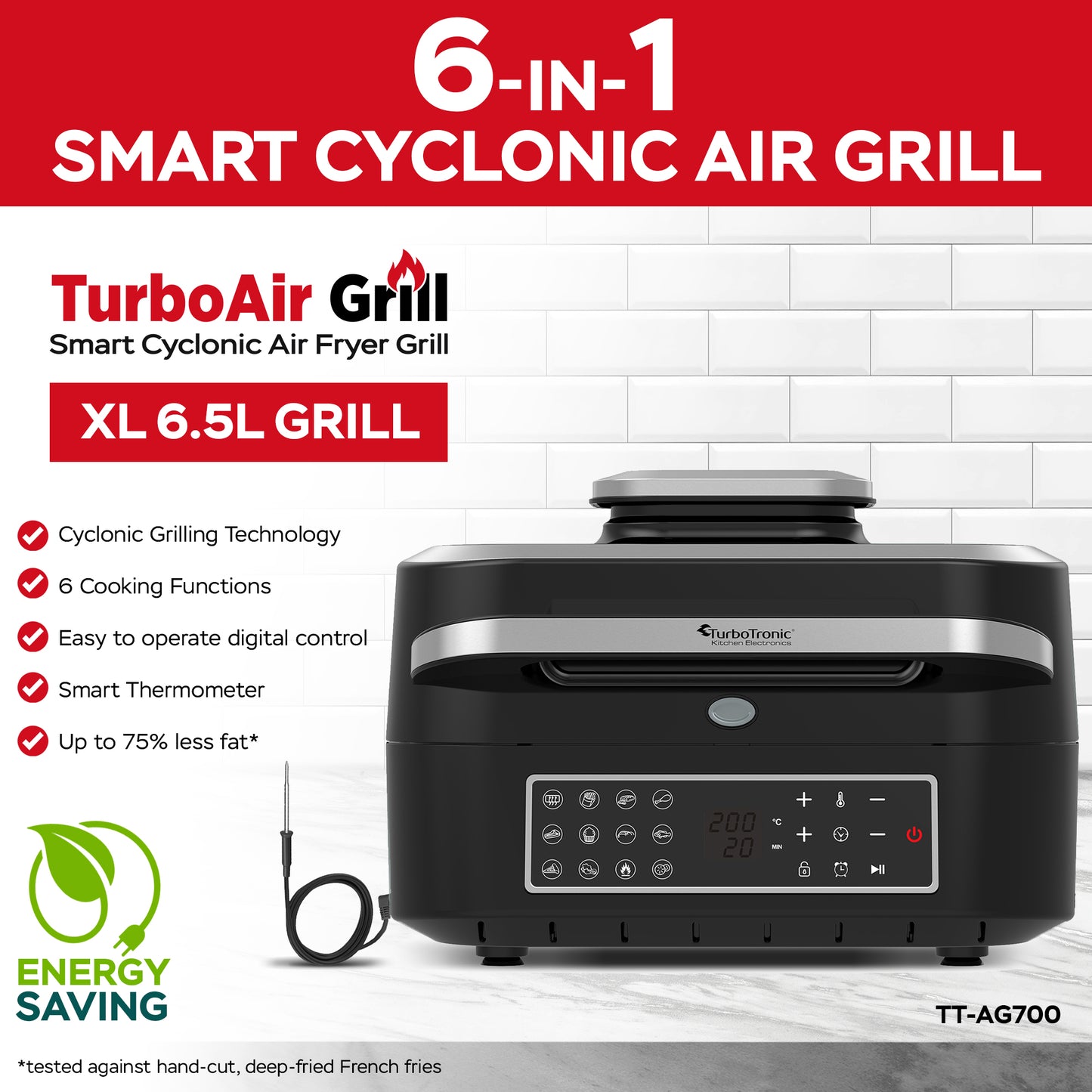 AirFryer грил 6 в 1 TurboTronic TT-AG700, 260°C, 6.5L, циклонна технология, тъч дисплей, Smart термометър