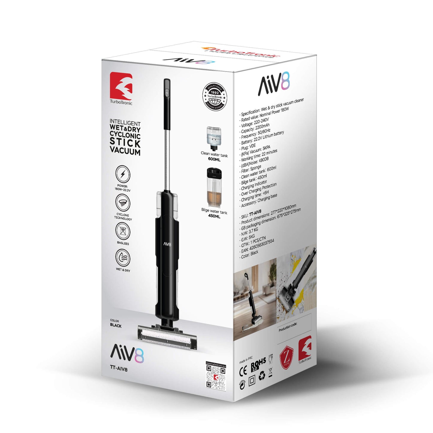 Вертикална прахосмукачка 2 в 1 TurboTronic TT-AIV8, 180W, 22.2V, мокро и сухо почистване, 600ml/450ml, ≤80dB