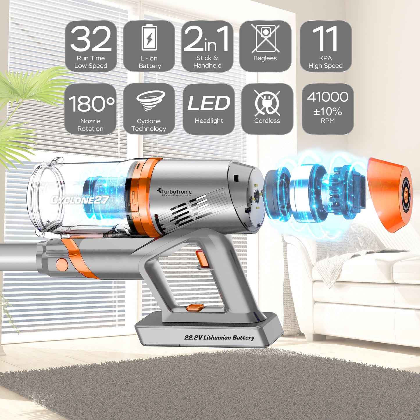 Вертикална прахосмукачка TurboTronic TT-C27, 11 kPa, 0.9L, безжична 2в1, 2.8 кг, HEPA