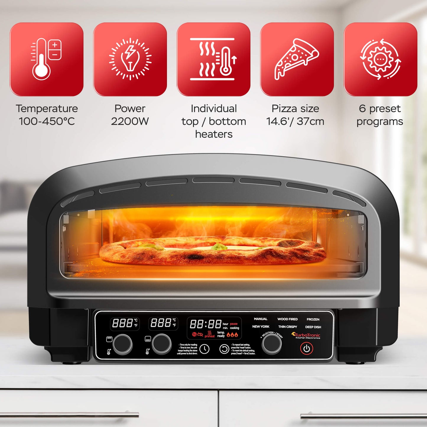 Мултифункционална пещ за пица Turbotronic Pizzaliano TT-PO14, 20L, 6предварителни програми, лед дисплей, 2200W