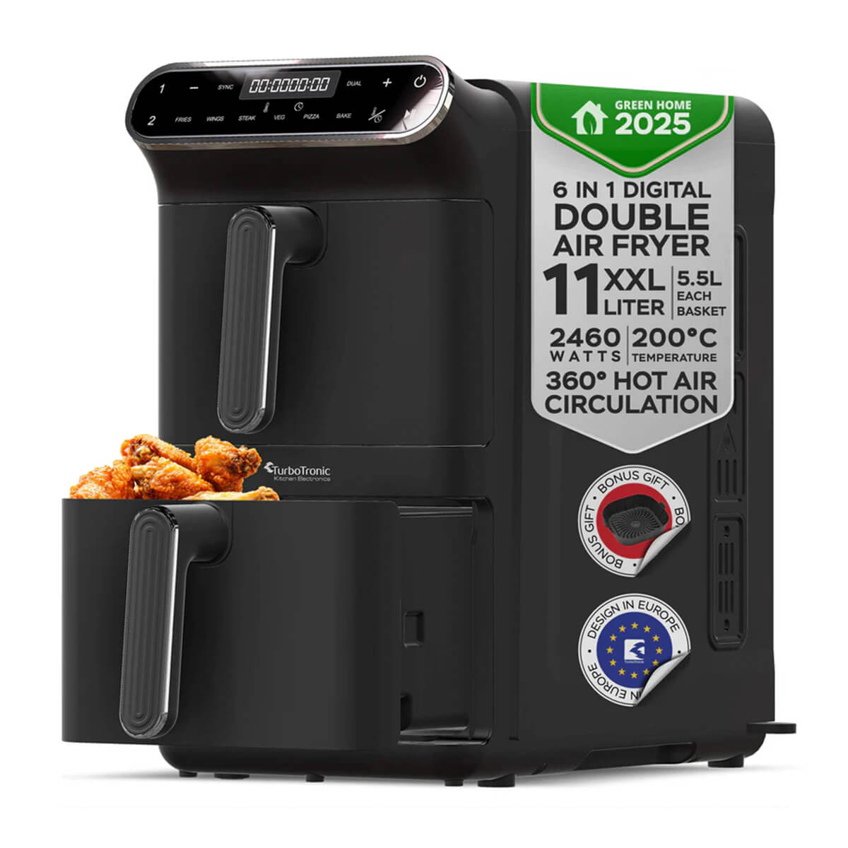 Колонен AirFryer TurboTronic TT-AF500D, 2460W, 11L (2×5.5L), 6 функции, 200°C, тъч дисплей