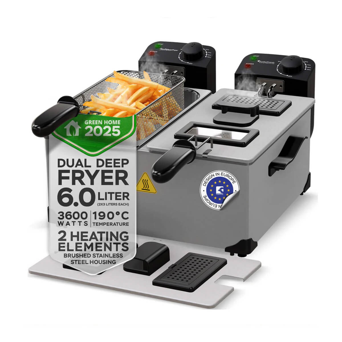 Фритюрник TurboTronic TT-DF2, 2×3.0L, 3600W, до 190°C, двойна кошница