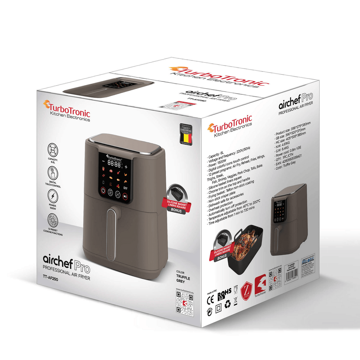 Дигитален Airfryer TurboTronic AirChef TT-AF250, 6L, лед дисплей, 12предварителни програми, 1500W,