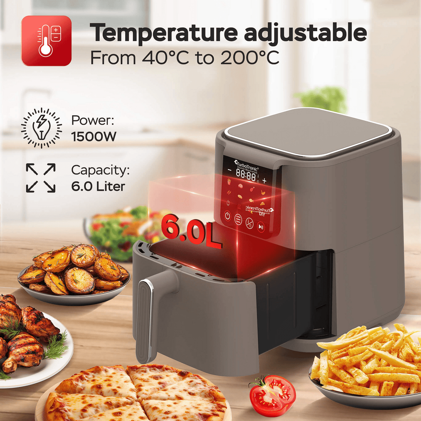 Дигитален Airfryer TurboTronic AirChef TT-AF250, 6L, лед дисплей, 12предварителни програми, 1500W,
