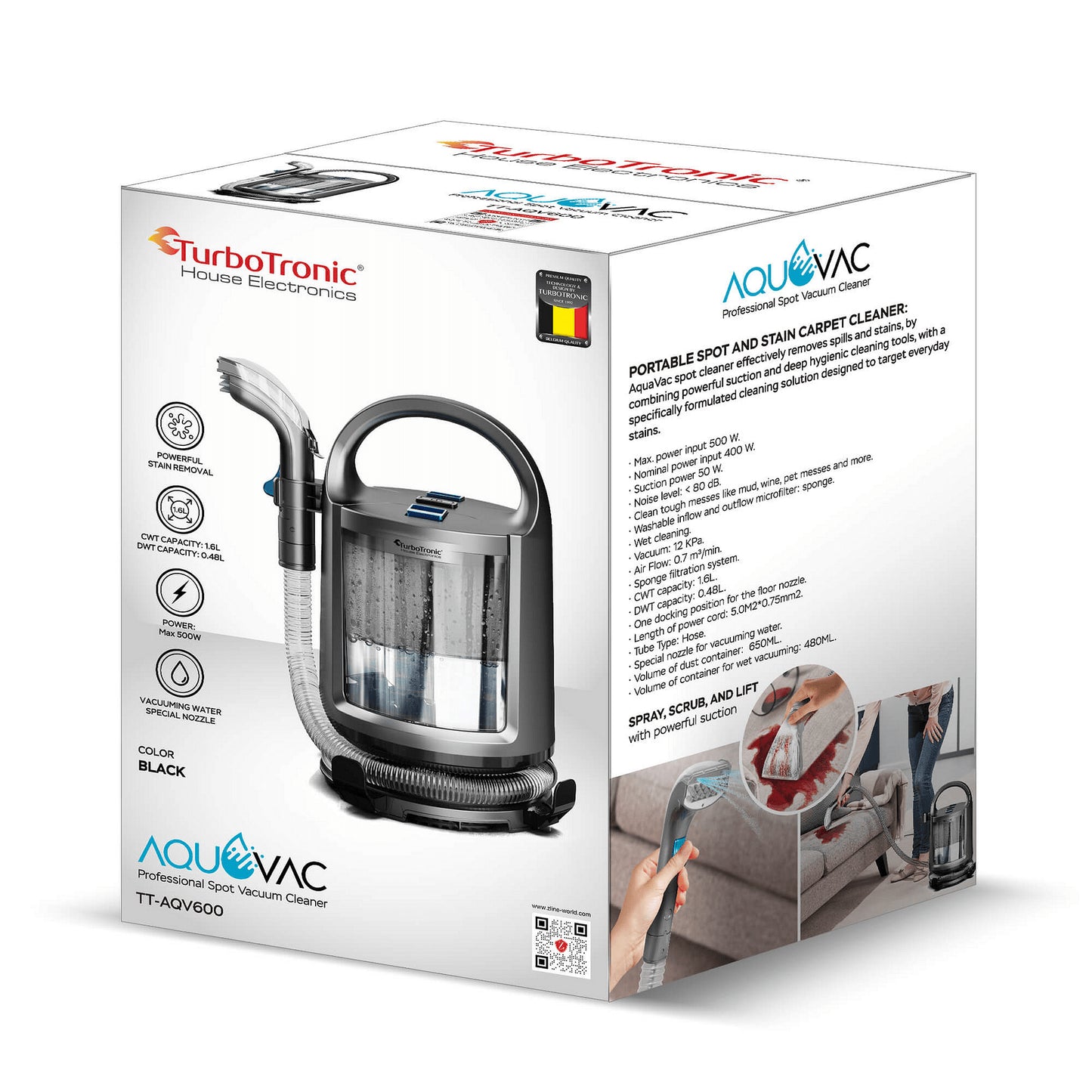 Переща прахосмукачка TurboTronic AquaVac, TT-AQV600, 500W, 13 kPa, 1.68L чиста / 0.48L мръсна вода