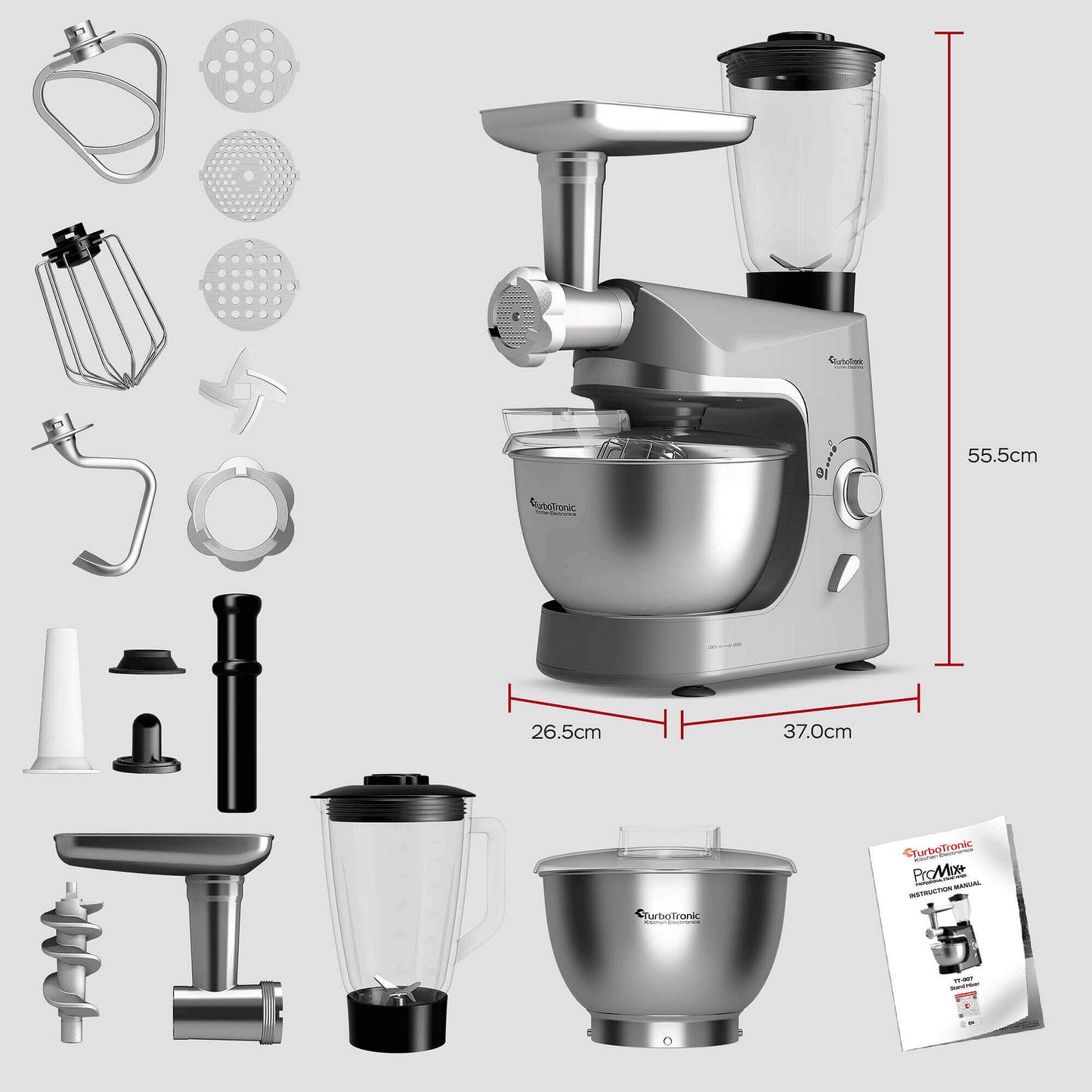 Планетарен миксер 8 в 1 TurboTronic ProMix, TT-007, 2000W, 5L, ексцентрично движение, 220–240V