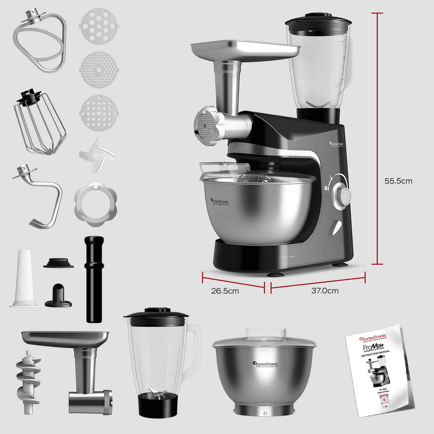 Планетарен миксер 8 в 1 TurboTronic ProMix, TT-007, 2000W, 5L, ексцентрично движение, 220–240V